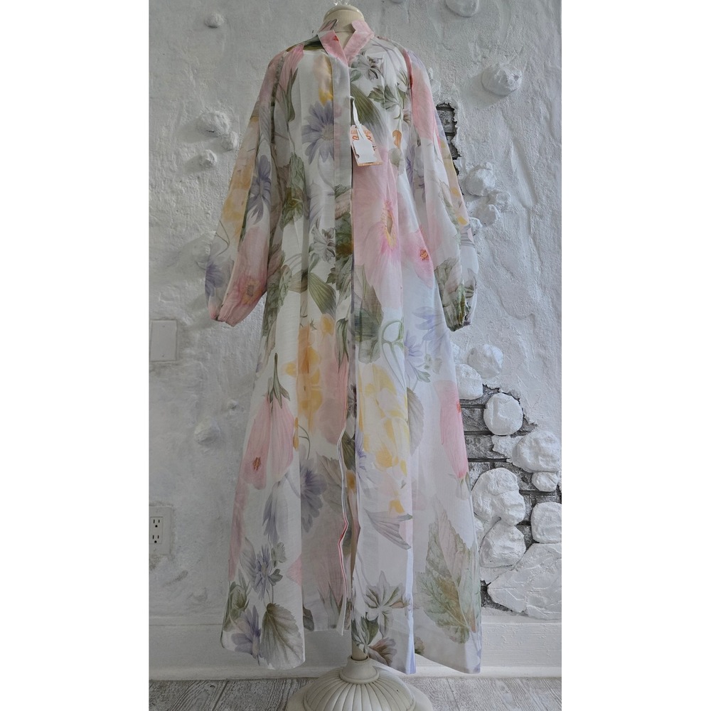 NWT Sunfere Floral Maxi Dress XL Pastel Botanical Sheer Balloon Sleeve with Slip